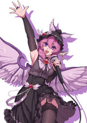 Rule 34 | 1girl, absurdres, arm up, black dress, black thighhighs, bridal gauntlets, dress, garter straps, hat, highres, lace, lace-trimmed legwear, lace trim, microphone, mystia lorelei, open mouth, pink hair, purple eyes, stank, thighhighs, touhou, wings