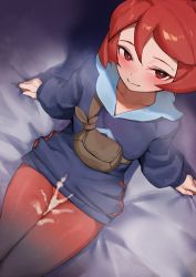 Rule 34 | 1girl, amog, arezu (pokemon), blue jacket, blush, closed mouth, collarbone, creatures (company), cum, cum on clothes, from above, game freak, highres, jacket, long sleeves, looking at viewer, nintendo, pantyhose, pokemon, pokemon legends: arceus, red eyes, red hair, red pantyhose, short hair, smile, solo