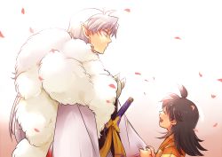 Rule 34 | 1boy, 1girl, age difference, black hair, child, facial mark, happy, inuyasha, long hair, one side up, open mouth, petals, pointy ears, rin (inuyasha), sesshoumaru, shirou (vista), silver hair, size difference, teeth, yellow eyes