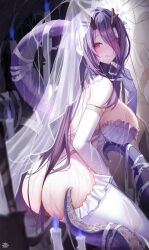 Rule 34 | 1girl, absurdres, ass, azur lane, bare shoulders, between buttocks, blush, breasts, closed mouth, elbow gloves, from behind, gloves, golden hind (azur lane), golden hind (forlorn femme fatale) (azur lane), hair between ass, hair between eyes, heart, heart-shaped pupils, highres, huge breasts, large breasts, licking lips, long hair, looking at viewer, looking back, official alternate costume, purple hair, red eyes, solo, symbol-shaped pupils, tansuan (ensj3875), thong, tongue, tongue out, wet, wet clothes