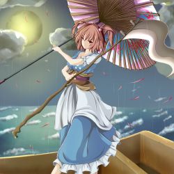 Rule 34 | 1girl, apron, boat, cloud, dress, excella (delltothu), frown, full moon, hair bobbles, hair ornament, index finger raised, looking at viewer, moon, obi, oil-paper umbrella, onozuka komachi, rain, red eyes, red hair, sash, scythe, short hair, short sleeves, solo, touhou, twintails, two side up, umbrella, waist apron, watercraft, waves