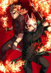 Rule 34 | 2boys, battle, belt, black gloves, black pants, black shirt, blonde hair, broken mask, colored tips, contemporary, earrings, feet out of frame, fire, floating hair, forked eyebrows, fox mask, gloves, half gloves, hashimoto (yanagi-momo), holding, holding sword, holding weapon, jewelry, kamado tanjirou, kimetsu no yaiba, long hair, long sleeves, male focus, mask, multicolored hair, multiple boys, one eye covered, open mouth, pants, red background, red eyes, red hair, rengoku kyoujurou, scabbard, sheath, shirt, sideways glance, sleeves rolled up, standing, streaked hair, sword, two-tone hair, unsheathed, weapon