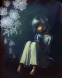 Rule 34 | 10s, 1girl, bad id, bad pixiv id, barefoot, closed eyes, eyelashes, feet, female focus, flower, frozen, full body, gradient background, hebino (snake nest), highres, ice, petals, pigeon-toed, plant, rose, short hair, silver hair, sitting, solo, thorns, trickster (ntreev soft)