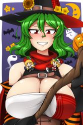 Rule 34 | 3girls, bad id, bad pixiv id, bat (animal), breasts, cleavage, crescent moon, elly (touhou), female focus, ghost, grin, halloween, hat, impossible clothes, impossible shirt, jack-o&#039;-lantern, kazami yuuka, kurumi (touhou), large breasts, mini person, minigirl, moon, multiple girls, pumpkin, scarf, scythe, shirt, short hair, smile, staff, strap, touhou, touhou (pc-98), unadare, witch hat