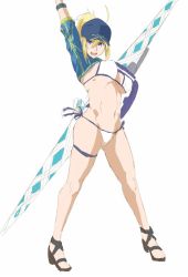Rule 34 | 1girl, ahoge, artoria pendragon (fate), baseball cap, bikini, blonde hair, blue eyes, blue hat, blue jacket, breasts, commentary request, cropped jacket, fate/grand order, fate (series), hair between eyes, hair through headwear, hashimoto (frog flag), hat, jacket, large breasts, mysterious heroine x (fate), mysterious heroine xx (fate), navel, open mouth, ponytail, shrug (clothing), side-tie bikini bottom, sketch, solo, swimsuit, sword, thigh strap, toeless footwear, weapon, white background, white bikini, wristband