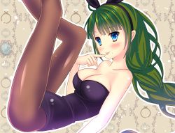 Rule 34 | 10s, 1girl, :p, alternate costume, animal ears, bad id, bad pixiv id, bare shoulders, blue eyes, braid, breasts, cleavage, fake animal ears, green hair, hairband, kantai collection, large breasts, long hair, mole, mole under mouth, pantyhose, playboy bunny, rabbit ears, single braid, solo, tongue, tongue out, yuugumo (kancolle), yuzukaze rio