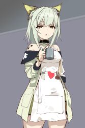 Rule 34 | 1girl, absurdres, amiya (arknights), animal ear fluff, animal ears, apron, arknights, bare shoulders, breasts, cat ears, cat girl, commentary request, cowboy shot, cup, dress, green dress, green eyes, green hair, green jacket, grey background, heart, highres, holding, holding cup, i heart..., infection monitor (arknights), jacket, jewelry, kal&#039;tsit (arknights), kinbakuman, long sleeves, looking at viewer, material growth, medium breasts, medium hair, multiple rings, off-shoulder dress, off shoulder, open clothes, open jacket, oripathy lesion (arknights), parted lips, ring, sidelocks, solo, watch, white apron, wristwatch