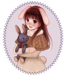 Rule 34 | 1girl, animal ears, brown eyes, brown hair, female focus, fukahire (ruinon), holding, light smile, long hair, open mouth, original, rabbit ears, rabbit tail, round image, solo, stuffed animal, stuffed rabbit, stuffed toy, tail