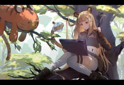 Rule 34 | 1girl, animal ears, artist name, black footwear, black gloves, black jacket, brown hair, commentary, cup, dyarikku, english commentary, fingerless gloves, gloves, hair ornament, hairclip, high-waist shorts, holding, holding cup, holding with tail, indie virtual youtuber, jacket, jungle, letterboxed, long hair, looking down, moofie (vtuber), mug, nature, orange hair, prehensile tail, shoes, shorts, sitting, sneakers, solo, tail, thighhighs, tiger, tiger ears, tiger girl, tiger tail, very long hair, virtual youtuber, white shorts