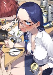 Rule 34 | 1boy, 2girls, 92m, @ @, absurdres, beer can, blue bra, blue eyes, blue hair, blush, bra, breasts, can, commentary request, dateko (92m), drink can, drooling, drunk, fingernails, food, glasses, highres, holding, holding can, kinshi no ane (92m), long hair, looking at viewer, medium breasts, multiple girls, open mouth, original, pov, round eyewear, saliva, shirt, sitting, sleeping, strong zero, translated, underwear, white shirt, zzz