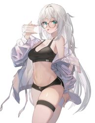 Rule 34 | 1girl, absurdres, bare shoulders, black-framed eyewear, black shorts, black sports bra, blue eyes, bottle, breasts, chukibabo2, crop top, dolphin shorts, drawstring, glasses, hand up, highres, holding, holding bottle, jacket, leg up, long hair, long sleeves, looking at viewer, medium breasts, micro shorts, midriff, navel, off shoulder, open clothes, open jacket, original, ponytail, round eyewear, shoes, shorts, simple background, skindentation, sleeveless, socks, solo, sports bra, stomach, sweat, taut clothes, thigh strap, thighs, tongue, tongue out, very long hair, white background, white footwear, white hair, white jacket, white socks