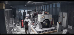 Rule 34 | 1girl, 2boys, air conditioner, animal ears, black dress, coat, computer, computer tower, dress, drum (container), engine, fire extinguisher, formal, generator, haguruma c, highres, holding, holding phone, id card, indoors, jacket, lab coat, locker, machinery, monitor, mountainous horizon, multiple boys, office, original, palette (object), pantyhose, paper, phone, red eyes, screen, shirt, short hair, suit, suit jacket, unworn coat, white coat, white hair, white shirt, window