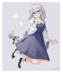 Rule 34 | 1girl, :d, ahoge, binchou maguro, black-framed eyewear, black footwear, braid, commentary request, dress, eyebrows hidden by hair, full body, glasses, grey background, hair ornament, hand up, head tilt, highres, kizuna akari, long hair, long sleeves, looking at viewer, low twintails, open mouth, puffy long sleeves, puffy sleeves, purple dress, purple eyes, shirt, shoes, silver hair, simple background, sleeveless, sleeveless dress, smile, socks, solo, star (symbol), twin braids, twintails, twitter username, very long hair, voiceroid, white shirt, white socks