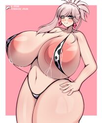 Rule 34 | 1girl, alternate breast size, animal print, areola slip, bikini, blush, breasts, cow print, cow print bikini, dot nose, earrings, eyelashes, eyes visible through hair, fate (series), female focus, gigantic breasts, grey eyes, hand on own hip, highres, jewelry, lactation, lactation through clothes, large areolae, micro bikini, milk, miyamoto musashi (fate), muscular, navel, pink background, print bikini, shiny skin, short hair, smile, solo, standing, swimsuit, thick thighs, thighs, wide hips, zapklink