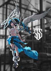 Rule 34 | 1girl, absurdres, angel, blue eyes, blue hair, blurry, blurry background, bra, breasts, collar, cyberpunk, highres, logo, long hair, looking at viewer, looking back, medium breasts, armored boots, tattered clothes, underwear, white bra, wings, wire, yoneyama mai