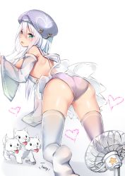 Rule 34 | 1girl, aqua eyes, ass, asymmetrical legwear, back, bare shoulders, breasts, cerberus, chinese commentary, controller, detached sleeves, electric fan, frilled skirt, frills, full body, grey hair, hair between eyes, hat, heart, heterochromia, highres, kneeling, long hair, looking back, open mouth, original, panties, remote control, shiny skin, sideboob, simple background, skirt, soles, solo, thighhighs, thighs, tongue, tongue out, umou (may65879), underwear, white background, white hair, yellow eyes
