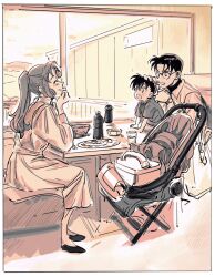 Rule 34 | 1girl, 2boys, blue eyes, brown hair, closed eyes, collared shirt, dress, facial hair, family, father and son, glasses, highres, husband and wife, jewelry, kudou shin&#039;ichi, kudou yukiko, kudou yuusaku, long hair, long sleeves, looking at another, masso, meitantei conan, mother and son, multiple boys, open mouth, shirt, short hair, smile