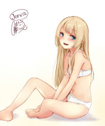 Rule 34 | 1girl, :d, artist name, bare legs, bare shoulders, barefoot, blonde hair, blue eyes, blush, bra, breasts, character name, full body, gradient background, jervis (kancolle), kantai collection, long hair, looking at viewer, open mouth, panties, rizzl, sidelocks, simple background, small breasts, smile, underwear, underwear only, white bra, white panties