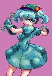 Rule 34 | 1girl, absurdres, cowboy shot, double sided wrench, dress, gloves, green eyes, green gloves, green hair, hair bobbles, hair ornament, hat, highres, kawashiro nitori, matching hair/eyes, nicahd, open mouth, pink background, pocket, puffy short sleeves, puffy sleeves, rubber gloves, short hair, short sleeves, sketch, skirt, skirt set, smile, solo, touhou, twintails, wrench