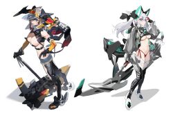 Rule 34 | + +, 2girls, absurdres, armor, asymmetrical hair, bikini, black gloves, bow (weapon), breasts, bridal gauntlets, cleavage, earrings, full-leg boots, full body, gloves, grey eyes, grey hair, grey jacket, hair ornament, headband, highres, holding, holding weapon, jacket, jewelry, large breasts, mallet, medium breasts, multicolored hair, multiple girls, navel, nori tamahana, original, panties, parted bangs, red hair, red panties, short shorts, shorts, sidelocks, standing, string panties, swimsuit, tail, thighhighs, twintails, underwear, visor cap, weapon, white background, white hair