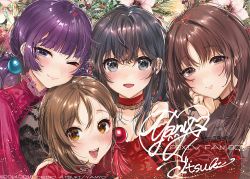 Rule 34 | 4girls, :d, artist name, black eyes, black hair, blunt bangs, blush, braid, breasts, brown hair, choker, cleavage, commentary request, detached sleeves, dress, earrings, ears visible through hair, eyeshadow, floral background, flower, hair between eyes, hair bobbles, hair ornament, half-closed eyes, hand on another&#039;s shoulder, hand up, heart, jewelry, kanojo (ogino atsuki), lace, long hair, looking at viewer, makeup, medium breasts, mole, mole under eye, multiple girls, open mouth, original, petals, pink lips, purple eyes, purple hair, red choker, red dress, short hair, shrug (clothing), signature, single braid, smile, stud earrings, tassel, yanyo (ogino atsuki), yellow eyes