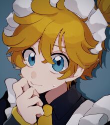 Rule 34 | 1boy, agyo (ikayaki5252), alternate costume, apron, blonde hair, blue background, blue eyes, closed mouth, drop shadow, enmaided, furrowed brow, hair between eyes, hand up, highres, kagamine len, maid, maid apron, maid headdress, male focus, necktie, short hair, simple background, solo, sweat, vocaloid, white apron, yellow necktie