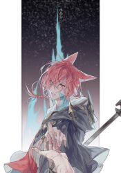 Rule 34 | 1boy, 1other, animal ears, braid, cat ears, cloak, crystal exarch, crystal tower (ff14), final fantasy, final fantasy xiv, floating hair, g&#039;raha tia, highres, holding, holding scepter, hood, hood down, hooded cloak, material growth, miqo&#039;te, parted lips, pov, pov hands, reaching, reaching towards viewer, red eyes, red hair, scepter, solo focus, tears, tladpwl03, wide-eyed