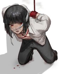 Rule 34 | 1girl, absurdres, angry, bandages, black footwear, black hair, black pants, blood, bob cut, bound, bound arms, highres, kneeling, limbus company, looking at viewer, na-gyou (nunumaru), nosebleed, open mouth, pants, project moon, red eyes, ryoshu (project moon), shadow, shibari, shoes, short hair, simple background, solo, sweat, white background