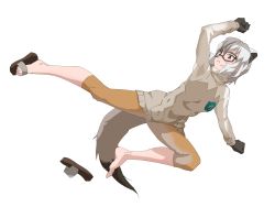 Rule 34 | 1girl, :t, animal ear fluff, black-framed eyewear, black eyes, black gloves, cable knit, capri pants, clenched hands, commentary, extra ears, flying kick, full body, glasses, gloves, grey hair, highres, japari symbol print, kemono friends, kicking, leggings, long sleeves, meerkat (kemono friends), meerkat ears, meerkat tail, multicolored hair, pants, pout, short hair, simple background, solo, tail, tanabe (fueisei), two-tone hair, v-shaped eyebrows, white background, white hair