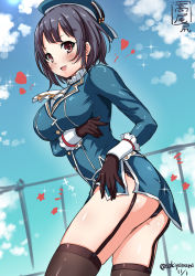Rule 34 | 10s, 1girl, ass, beret, black gloves, black hair, black panties, black thighhighs, blouse, breasts, gloves, hat, heart, jacket, kantai collection, large breasts, looking at viewer, military, military uniform, open mouth, panties, red eyes, sakiyamama, shirt, short hair, skirt, smile, solo, takao (kancolle), thighhighs, underwear, uniform