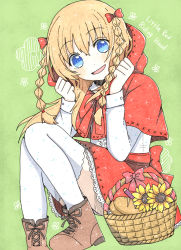 Rule 34 | 1boy, absurdres, basket, blonde hair, blue eyes, bow, braid, bread, capelet, cosplay, english text, flower, food, grimm&#039;s fairy tales, hair bow, highres, hood, little red riding hood, little red riding hood (grimm), little red riding hood (grimm) (cosplay), mahiro (n41324), male focus, midare toushirou, open mouth, shoes, sitting, skirt, smile, sunflower, thighhighs, touken ranbu, trap, twin braids, white legwear
