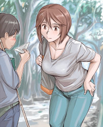 Rule 34 | 00s, 1boy, 1girl, bag, breasts, brown eyes, brown hair, casual, cleavage, forest, hand on own hip, handbag, hip focus, large breasts, leaning forward, nature, aged up, rozen maiden, short hair, smile, souseiseki, tsuda nanafushi