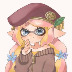 Rule 34 | 1girl, beret, blonde hair, blue eyes, brown sweater, closed mouth, collarbone, commentary request, eyelashes, hat, highres, inkling, inkling girl, inkling player character, lemo (lemo 4), long hair, looking at viewer, multicolored hair, nintendo, pink hair, pointy ears, red hat, simple background, smile, solo, splatoon (series), sweater, tentacle hair, thick eyebrows, two-tone hair, upper body, white background, zipper, zipper pull tab