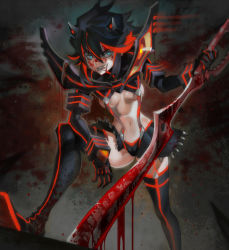 Rule 34 | 10s, 1girl, black hair, blood, blood on face, blood splatter, blood on clothes, bloody weapon, blue eyes, boots, breasts, cameltoe, dripping, eyes visible through hair, grin, streaked hair, holding, holding sword, holding weapon, kill la kill, leg up, looking at viewer, matoi ryuuko, microskirt, midriff, multicolored hair, navel, open mouth, red hair, revealing clothes, scissor blade (kill la kill), senketsu, short hair, single glove, skirt, smile, solo, streaked hair, suspenders, sword, teeth, thigh boots, thighhighs, two-tone hair, underboob, visqi, weapon
