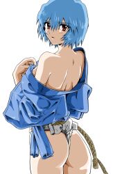 Rule 34 | ass, ayanami rei, blue hair, clothing aside, exposed back, exposed shoulder, eywy4324, fundoshi, happi, highres, japanese clothes, looking at viewer, looking back, neon genesis evangelion, red eyes, short hair