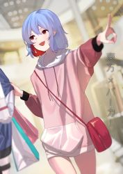 Rule 34 | 2girls, 38 (sanjuuhachi), alternate costume, bag, blue hair, blue hoodie, blush, clothes grab, commentary, fangs, hands in pockets, highres, hood, hoodie, index finger raised, izayoi sakuya, long sleeves, looking at another, looking to the side, multiple girls, open mouth, pink hoodie, pointing, pointy ears, remilia scarlet, shopping, shopping bag, short hair, sleeve grab, touhou, translated, walking