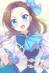 Rule 34 | 1girl, :d, arm behind head, ascot, asymmetrical bangs, blue ascot, blue dress, blue eyes, bow, bracelet, brooch, brown hair, commentary, dress, earrings, female focus, food, gloves, hair bow, hair ornament, high collar, highres, holding, holding food, jewelry, katarina claes, kousetsu, light blush, light particles, long hair, looking at viewer, macaron, multicolored background, open mouth, otome game no hametsu flag shika nai akuyaku reijou ni tensei shite shimatta, short sleeves, simple background, smile, solo, standing, twitter username, v-shaped eyebrows, white gloves