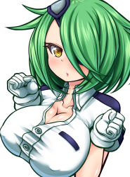 Rule 34 | 1girl, amau (kosmos), blush, breasts, breasts squeezed together, cleavage, covered erect nipples, eyepatch, gloves, green hair, hair ornament, hair over one eye, impossible clothes, impossible shirt, large breasts, looking up, open mouth, otonashi kiruko, ringed eyes, shinmai fukei kiruko-san, shirt, short hair, simple background, solo, taut clothes, taut shirt, uniform, upper body, white background, yellow eyes