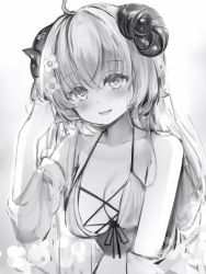 Rule 34 | 1girl, absurdres, ahoge, animal ears, bikini, blush, breasts, cleavage, cross-laced bikini, cross-laced clothes, flower, front-tie bikini top, front-tie top, greyscale, hair flower, hair ornament, tucking hair, highres, hololive, horns, jacket, jacket partially removed, large breasts, long hair, looking at viewer, monochrome, nanashi (nlo), parted lips, sheep ears, sheep girl, sheep horns, smile, solo, swimsuit, tsunomaki watame, upper body, very long hair, virtual youtuber