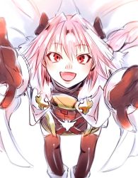 Rule 34 | 1boy, arms up, astolfo (fate), black thighhighs, blush, braid, cape, fang, fate/apocrypha, fate/grand order, fate (series), hair ribbon, hikizan, long hair, looking at viewer, male focus, o/, open mouth, outstretched arms, pink hair, red eyes, ribbon, single braid, smile, solo, thighhighs, trap
