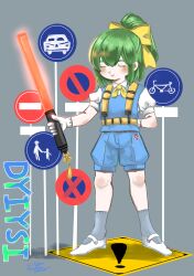 Rule 34 | 1girl, absurdres, arm behind back, belt, bicycles only sign, blue shorts, blue vest, blush, bow, bowtie, brown belt, character name, charm (object), closed eyes, closed mouth, collared shirt, commentary request, cookie (touhou), daiyousei, diyusi (cookie), expressionless, flat chest, full body, gloves, green hair, grey background, grey socks, hair between eyes, hakurei reimu, high-visibility vest, highres, holding, medium bangs, medium hair, motor vehicles only sign, no entry sign, no parking sign, no stopping sign, noel (cookie), pedestrians only sign, puffy sleeves, road sign, s (esumi kihomaru), shirt, shorts, sign, signature, simple background, socks, solo, touhou, traffic baton, vest, warning sign, white gloves, yellow bow, yellow bowtie