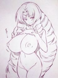 Rule 34 | 1girl, breasts, closed mouth, commentary request, completely nude, copyright request, corrupted twitter file, drill hair, hands on own chest, highres, huge breasts, long hair, looking at viewer, monochrome, navel, nipples, nude, smile, solo, traditional media, translation request, tsukareta san, very long hair