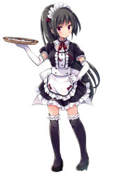 Rule 34 | 1girl, alternate costume, alternate hairstyle, apron, black dress, black hair, black thighhighs, dress, elbow gloves, fish, frilled apron, frilled dress, frilled thighhighs, frills, full body, gloves, isokaze (kancolle), kantai collection, long hair, looking at viewer, maid, maid headdress, odawara hakone, ponytail, red eyes, saury, simple background, smile, solo, thighhighs, tray, waist apron, waitress, white apron, white background, white gloves