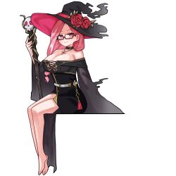 Rule 34 | 1girl, absurdres, barefoot, black dress, black hat, breasts, dress, glasses, hat, highres, holding, holding staff, hololive, hololive english, invisible chair, jadea5124, large breasts, long hair, looking at viewer, mama mori, mature female, pink hair, red eyes, sitting, skull staff, staff, virtual youtuber, witch hat