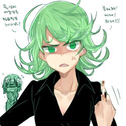 Rule 34 | 2girls, 6 (yuchae), anger vein, black dress, breasts, censored, censored gesture, curly hair, dress, fake censor, flying sweatdrops, fubuki (one-punch man), green eyes, green hair, korean text, middle finger, mosaic censoring, multiple girls, one-punch man, raised eyebrow, short hair, siblings, sisters, small breasts, solo focus, sweatdrop, tatsumaki, text focus, translation request