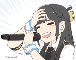 Rule 34 | &gt; &lt;, 1girl, :d, black hair, black vest, blush, bow, braid, closed eyes, earpiece, hair bow, hand on own forehead, holding, holding microphone, idolmaster, idolmaster million live!, microphone, nagian, open mouth, parfait noir (idolmaster), real life, round teeth, shirt, simple background, smile, solo, tadokoro azusa, teeth, upper body, vest, voice actor, voice actor connection, white background, white shirt, wrist cuffs, xd