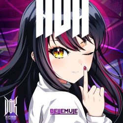 Rule 34 | 1girl, absurdres, album cover, berryverrine, black hair, closed mouth, cover, denonbu, finger to mouth, hand up, highres, index finger raised, lico (denonbu), long hair, long sleeves, looking at viewer, multicolored hair, nail polish, one eye closed, pink hair, second-party source, shushing, smile, solo, song name, streaked hair, sweater, upper body, white sweater, yellow eyes