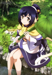 Rule 34 | 10s, 1girl, absurdres, animal ears, black hair, brown eyes, capelet, cat ears, forest, grass, highres, japanese clothes, kimiya ryousuke, kimono, kuon (utawarerumono), long hair, megami magazine, nature, official art, ponytail, shadow, sitting, solo, tail, utawarerumono, utawarerumono: itsuwari no kamen