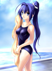 Rule 34 | 00s, 1girl, ass, blue eyes, blue hair, breasts, competition school swimsuit, competition swimsuit, flat ass, hayase mitsuki, kimi ga nozomu eien, long hair, matching hair/eyes, medium breasts, norizou type-r, one-piece swimsuit, ponytail, pool, school swimsuit, solo, swimsuit, towel