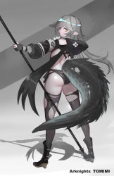 Rule 34 | 1girl, absurdres, arknights, ass, bare shoulders, black footwear, black panties, black thighhighs, boots, character name, commentary, copyright name, crocodilian tail, gloves, grey background, grey gloves, high heel boots, high heels, highres, holding, holding staff, hood, hood down, large tail, long hair, long sleeves, looking at viewer, panties, pointy ears, shadow, silver hair, solo, staff, standing, tail, thighhighs, thighs, tomimi (arknights), torn clothes, torn thighhighs, underwear, yellow eyes, yojo (yaojiu)